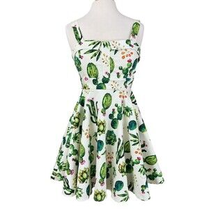 Ixia Dress L Desert Cactus in Bloom Pinup Swing Fit Flare Retro Y2K Poplin White